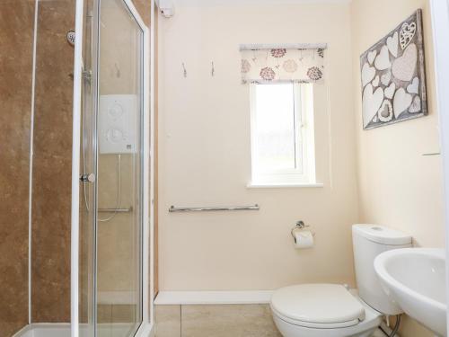 a bathroom with a shower and a toilet and a sink at 14 The Dell in Norwich