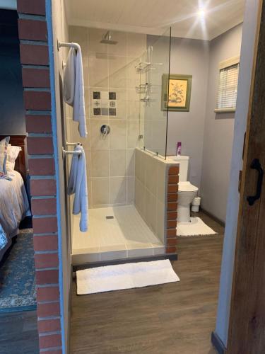 a bathroom with a shower and a toilet at Greenwood Lea Cottage - luxury, romantic cottage in Hilton