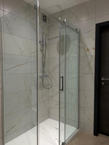a shower with a glass door in a bathroom at Apartman Nika in Crikvenica