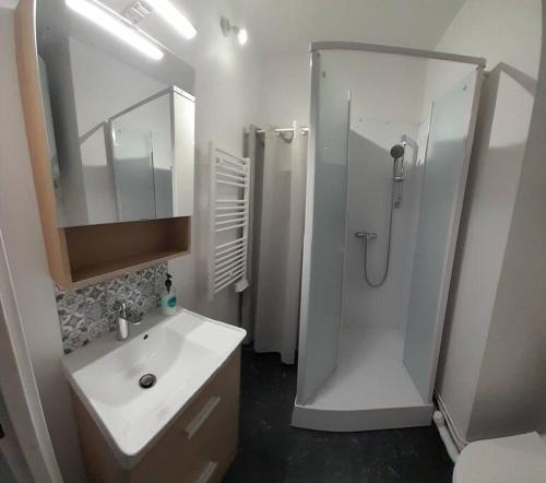 une salle de bain blanche avec une douche et un lavabo dans l'établissement Appartement T2 avec balcon refait à neuf, à Villers-sur-Mer