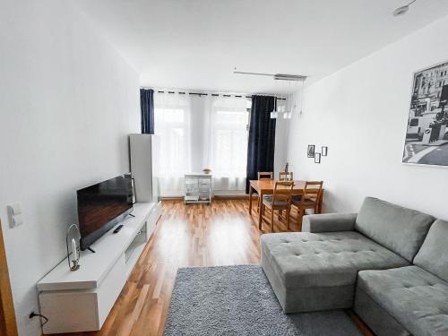 ein Wohnzimmer mit einem Sofa und einem Flachbild-TV in der Unterkunft Zentrum, 4Personen, privater Parkplatz, WiFi, modern, ruhig in Chemnitz