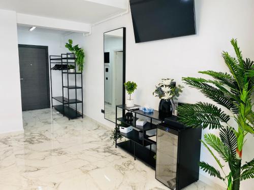 a room with a mirror and a counter with plants at Eva Del Mar - Sea view - Parcare Privata Inclusa in Mamaia