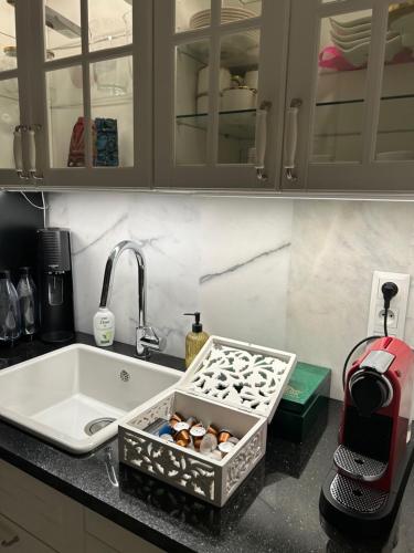 a kitchen sink with a tray of donuts in it at Leśna Residence & SPA in Pisz