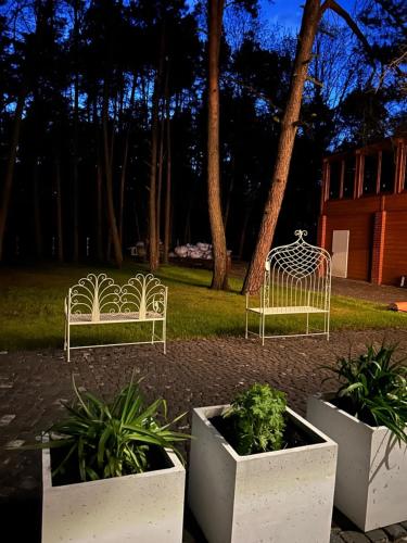 three white chairs and plants in a park at Leśna Residence & SPA in Pisz