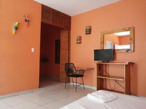 um quarto com uma televisão, uma cadeira e um espelho em Guest house La Casa del Quetzal em Mérida
