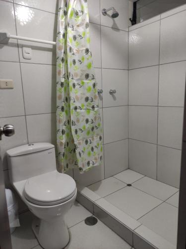 a bathroom with a toilet and a shower curtain at ECOTERRA-SAN FRANCISCO Cusco in Cusco