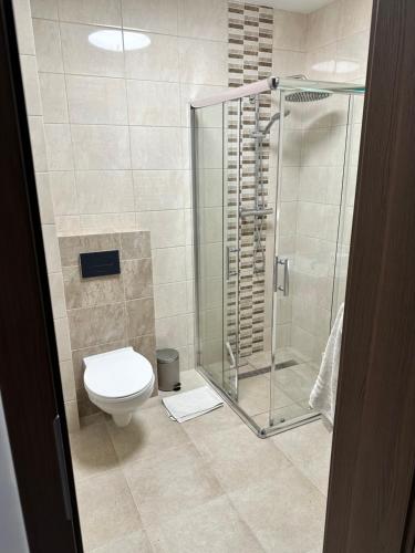 a bathroom with a toilet and a glass shower at Wyspa Uznam Promenada Konopnickiej in Świnoujście