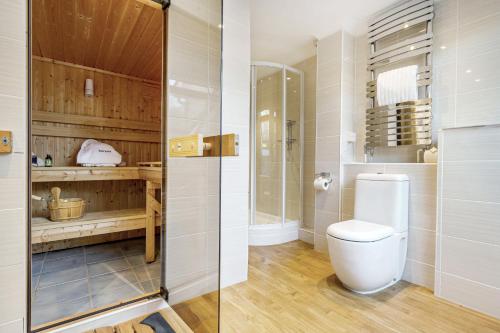 a bathroom with a toilet and a shower at Carbis Bay - Luxury 3 Bed Penthouse Apartment with Sea Views Parking Sauna Balcony in Carbis Bay