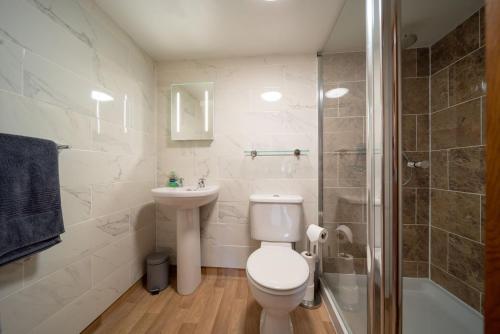 a bathroom with a toilet and a sink and a shower at Coachman's Quarters in Lynton