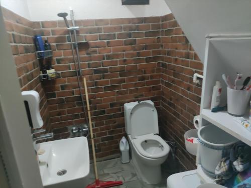 a bathroom with a toilet and a brick wall at Altin Patiler Guesthouse in Çatalca