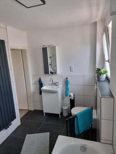 ein Badezimmer mit einem weißen Waschbecken und einem Spiegel in der Unterkunft Ferienhaus SteigRhein in Filsen