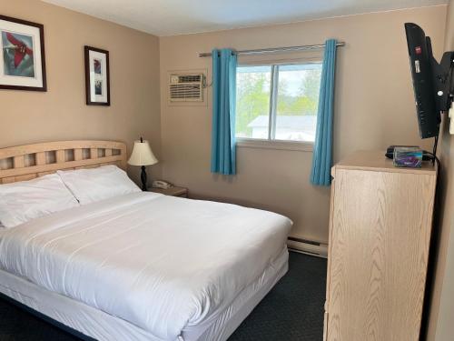 a bedroom with a bed and a window with blue curtains at Skimmerhorn Inn in Creston