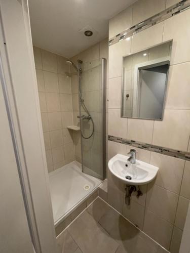 a white bathroom with a sink and a shower at City Apartment Bremen in Bremen