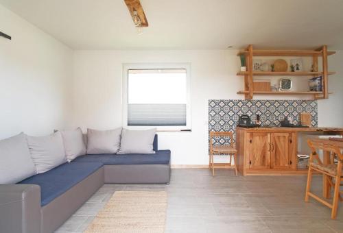 a living room with a blue couch and a window at apartament Wigry -domek z altaną na wyłączność in Leszczewek