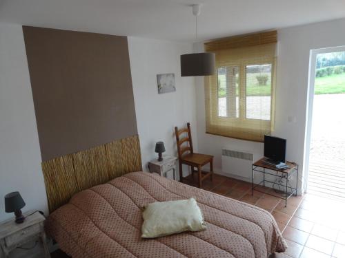 a bedroom with a bed and a television and a window at Chambre d'hôte El Dorado in Vittefleur