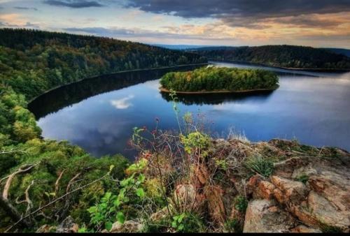an island in a lake with a bridge at Apartmánová chata Sečanda s bazénem, u Sečské přehrady in Seč