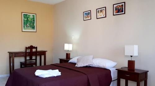 a hotel room with a bed and two night stands at El Suto Apart Hotel in San José de Chiquitos