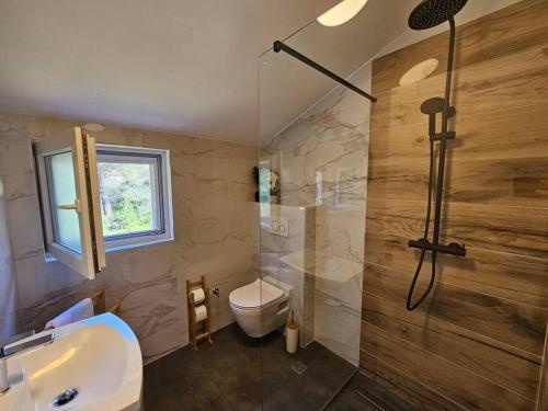 a bathroom with a shower and a sink and a toilet at Apartman Rio de Mar in Bibinje