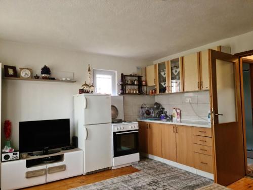 a kitchen with a white refrigerator and a tv at Villa Miševići in Hadžići