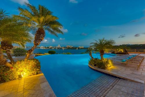a large swimming pool with palm trees and lights at Villa Terre Azure in Les Terres Basses