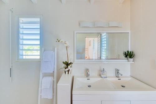 uma casa de banho branca com um lavatório e um espelho em Villa Plum Bay em Marigot