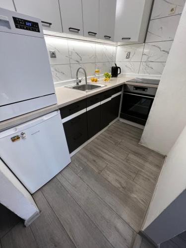 a kitchen with a white refrigerator and a sink at I&T Apartmán v srdci Broumova in Broumov