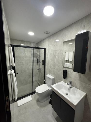 a bathroom with a toilet and a shower and a sink at Konak lapta House in Kyrenia