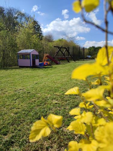 a field of yellow flowers with a playground in the background at ROZTOCZE, Domek Na Leśnym Wzgórzu, Zwierzyniec, Krasnobród,Zamość in AdamÃ³w