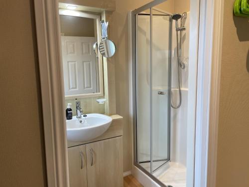 a bathroom with a sink and a shower at Beautiful 6 Berth Lodge At Cherry Tree Holiday Park Ref 70002tg in Great Yarmouth