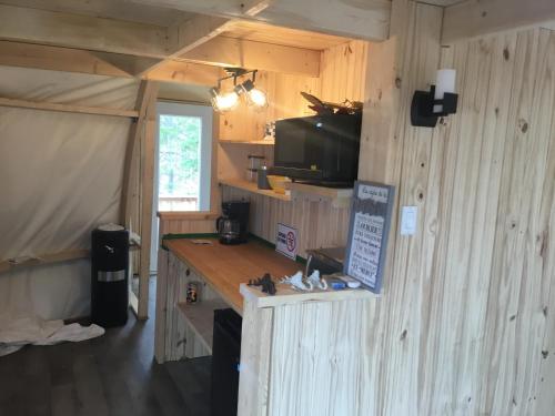 a kitchen in a cabin with a counter and a tv at dôme près du lac in Saint-Narcisse-de-Rimouski