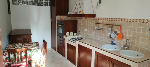 cocina con 2 lavabos y fogones horno superior en CASA PIERA, en Acciano