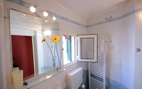 a bathroom with a mirror and a vase with a sunflower at Palazzo Rocci Rooms in Gallipoli