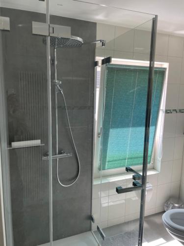 a shower with a glass door in a bathroom at Interlaken Best View Deluxe Apartment in Interlaken