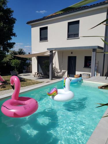 une piscine avec deux cygnes gonflables et une maison dans l'établissement Maison schneid'family, à Jonage