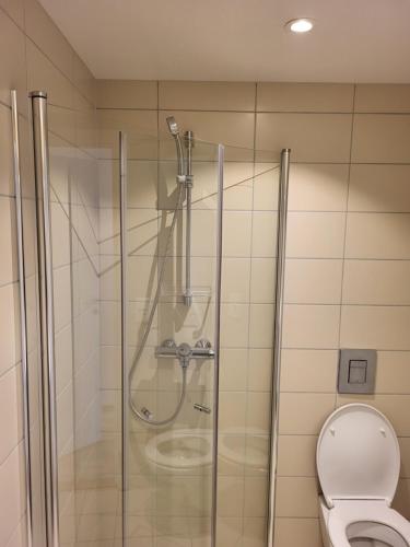 y baño con ducha y aseo. en JECI Apartment Frogner, Lillestrøm - Classic and Central, en Lillestrøm