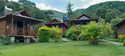 a couple of cottages in a resort yard at Chontaqui Eco-Lodge in Oxapampa