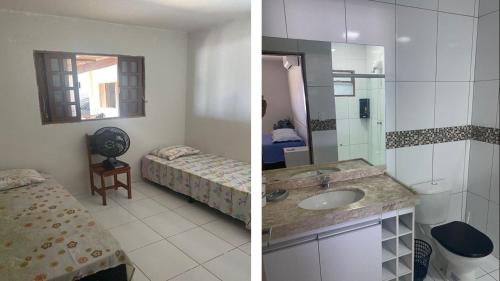 two pictures of a bathroom with a sink and a bedroom at Bahia da Traição in Baía da Traição