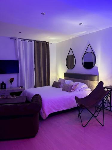 um quarto com uma cama grande e um sofá em Le 37 - Appartement privatif avec Jaccuzi em Saint-Étienne