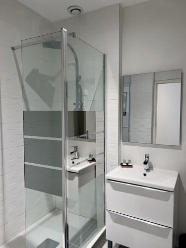 uma casa de banho com uma cabina de duche em vidro e um lavatório. em Le 37 - Appartement privatif avec Jaccuzi em Saint-Étienne