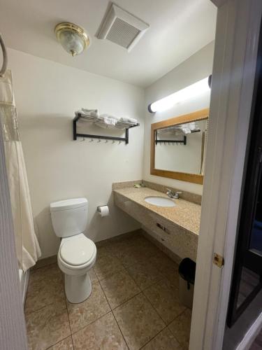 a bathroom with a toilet and a sink and a mirror at La Casa Inn in Pasadena