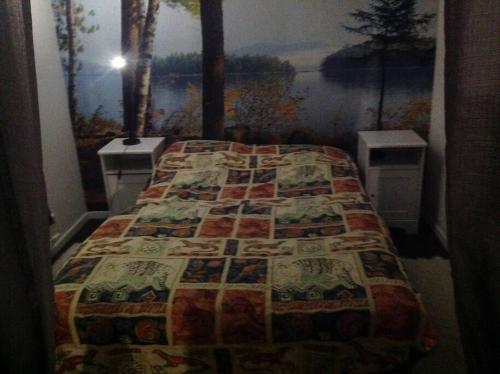 um quarto com uma cama com uma colcha em Mysig liten stuga i Vemdalen em Vemdalen