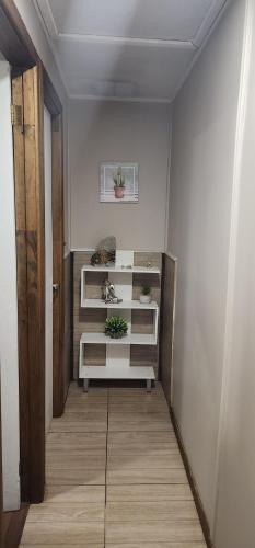 a hallway with a white cabinet with plants on it at Cómoda y Acogedora casa climatizada in Punta Arenas