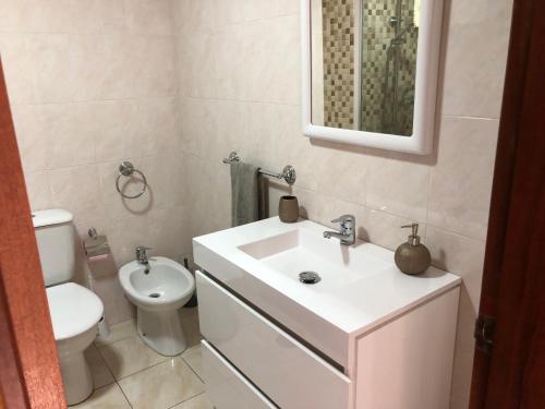 uma casa de banho com um lavatório branco e um WC. em Ocean Dream Apartment no Funchal