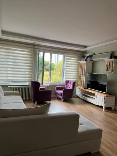 ein Wohnzimmer mit einem Sofa, Stühlen und einem TV in der Unterkunft Full house in Fenerbahce in Istanbul