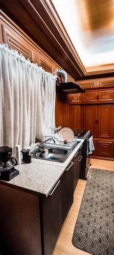 a kitchen with a stove and a sink in it at Habitación con baño privado A, Centro de Coyoacán in Mexico City