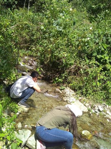 two people are bending over to cross a stream at HOSTAL CASA VICTORIA PIJAO in Pijao