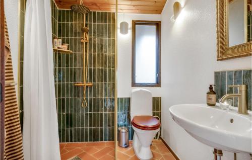 y baño con aseo, lavabo y ducha. en 3 Bedroom Amazing Home In Frevejle, en Fårevejle