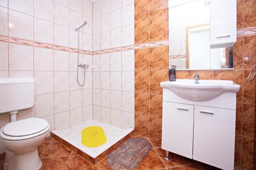 La salle de bains est pourvue de toilettes, d'un lavabo et d'une douche. dans l'établissement Apartments by the sea Stupin Celine, Rogoznica - 21279, à Rogoznica