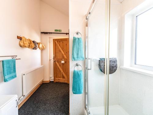 a bathroom with a shower with blue towels at Bunny Meadows in Banc-y-felin