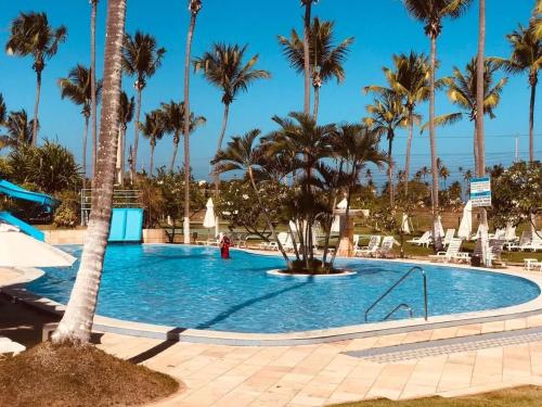 a large swimming pool with palm trees in a resort at Paripueira in Paripueira